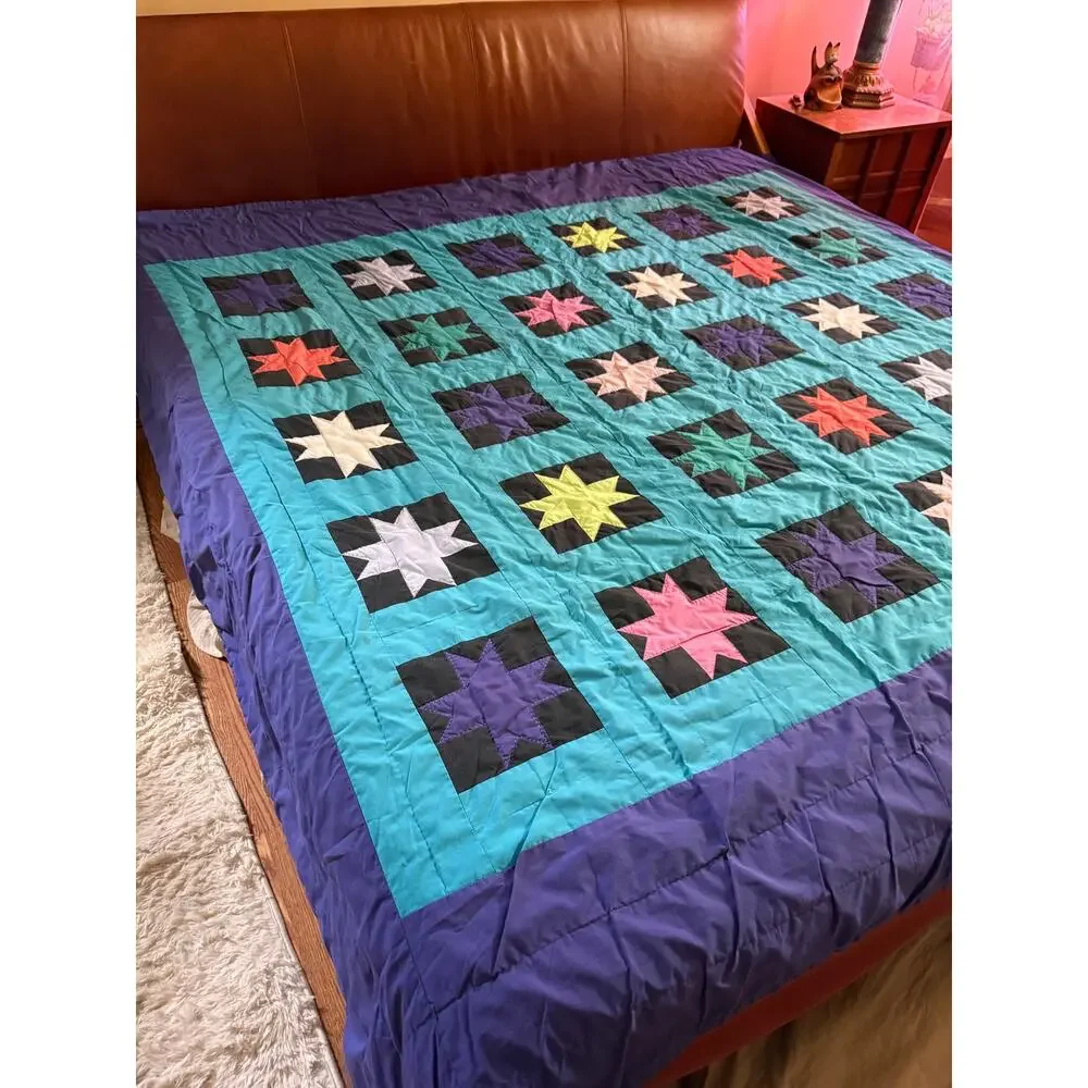 Vintage Handmade Patchwork Quilt King Size Hand Sewn Colorful Star Geometric